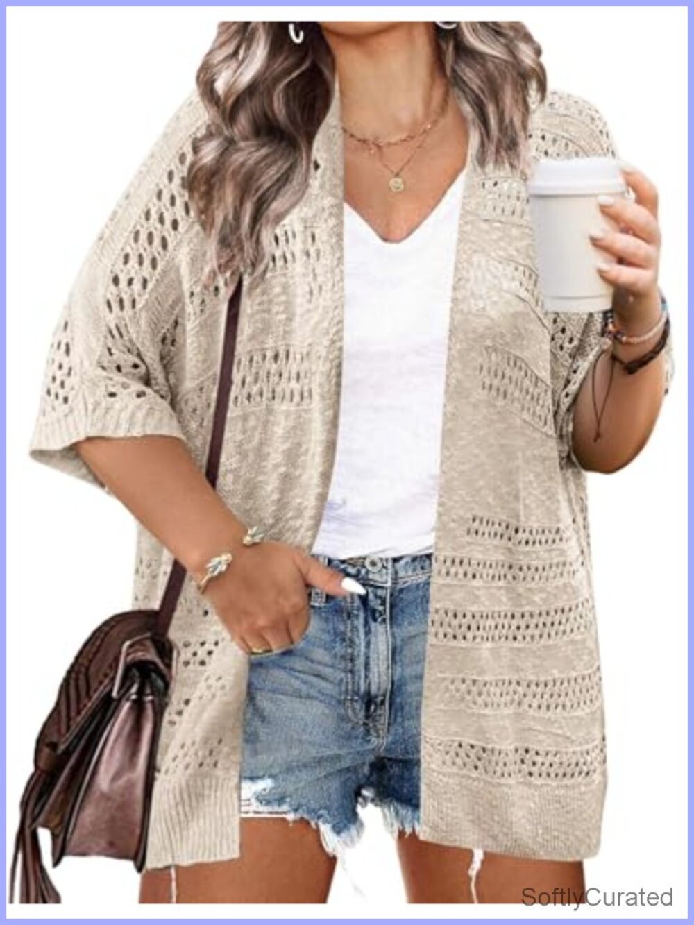 Plus Size Lightweight Crochet Cardigan Short Sleeve Kimono Women